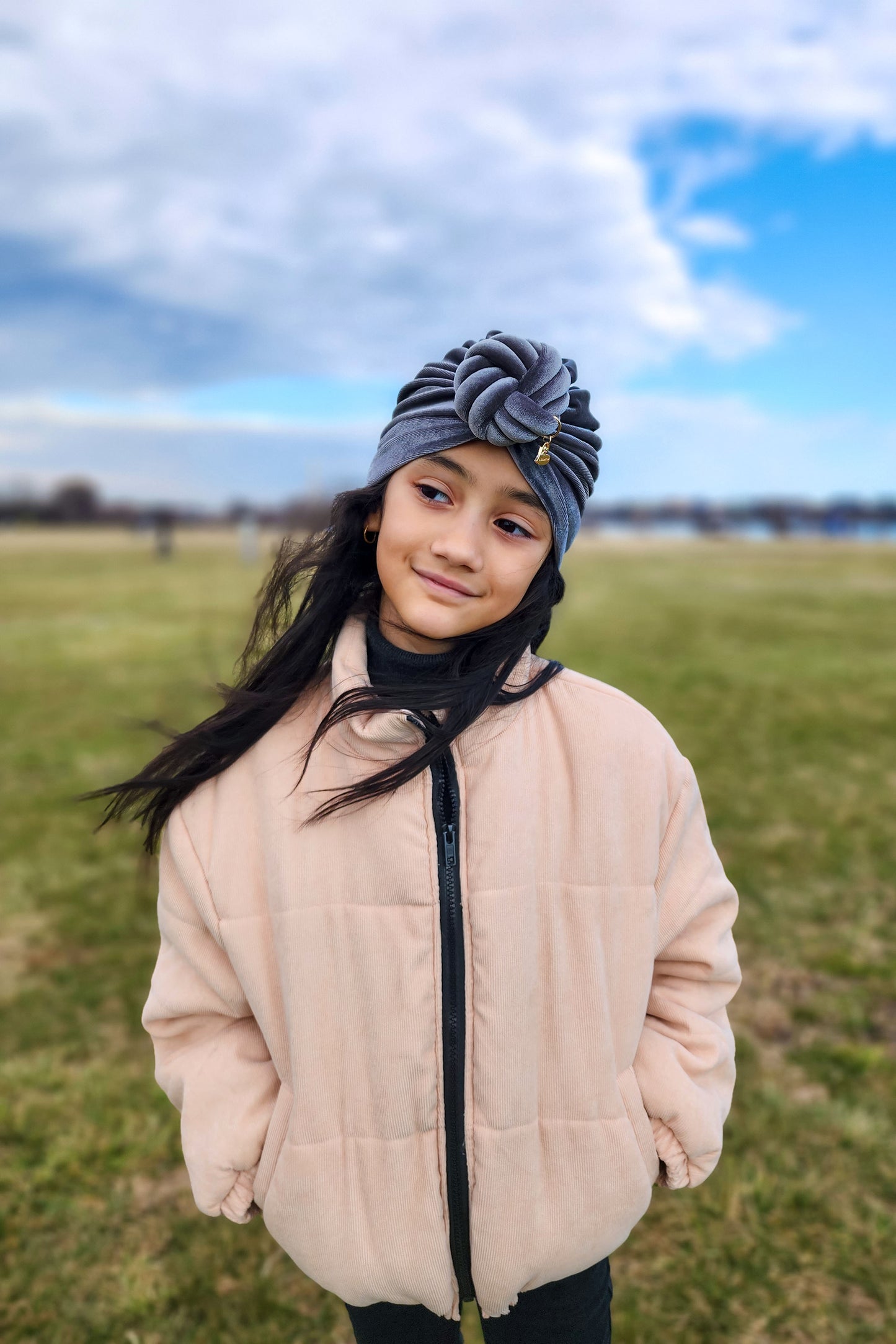 Kids velvet turban knot in grey color close-up view