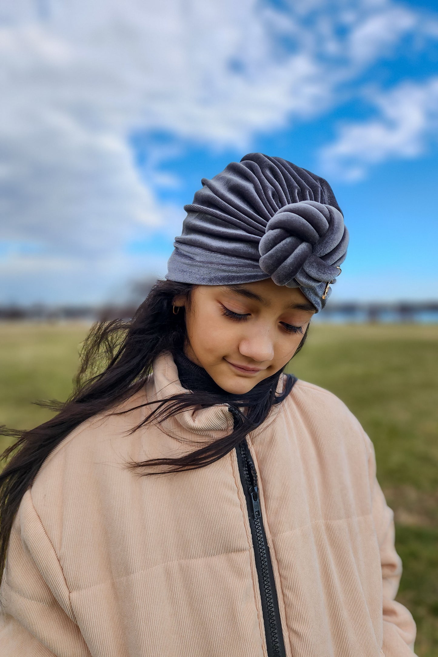 Kids velvet turban knot in grey color close-up view