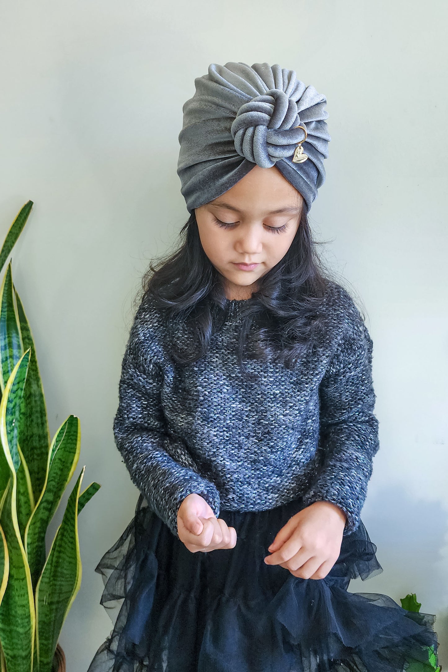 Toddler velvet turban knot in grey color close-up view