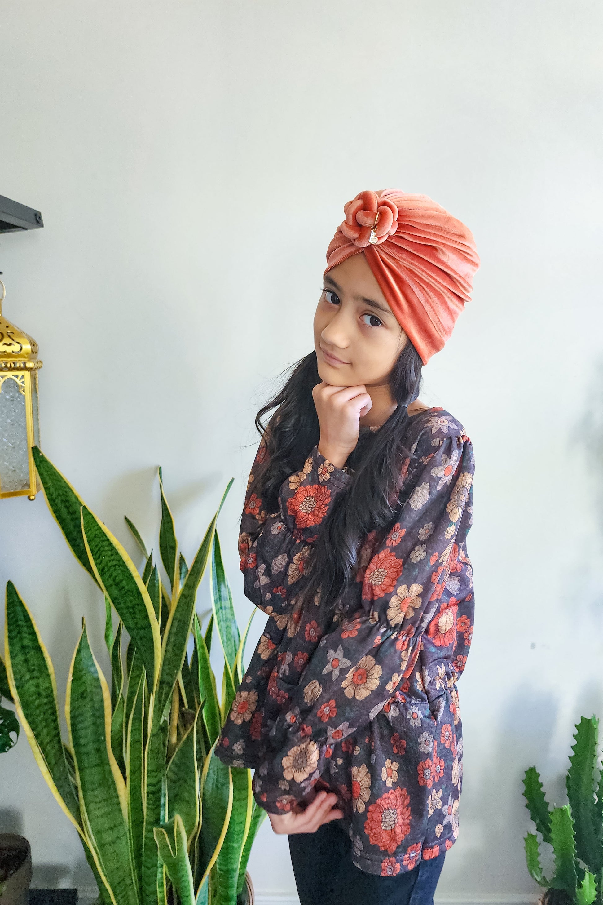 Turban velvet knot in burnt orange side view