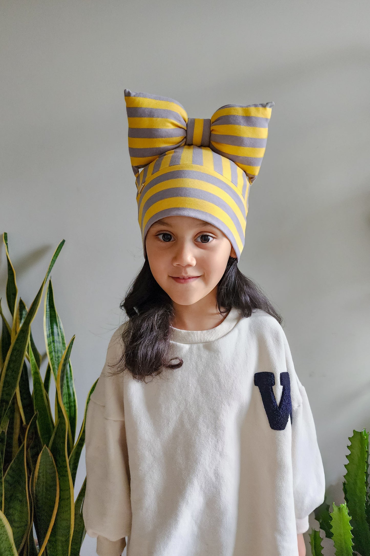 Girl Beanie Bow Yellow Grey Stripe