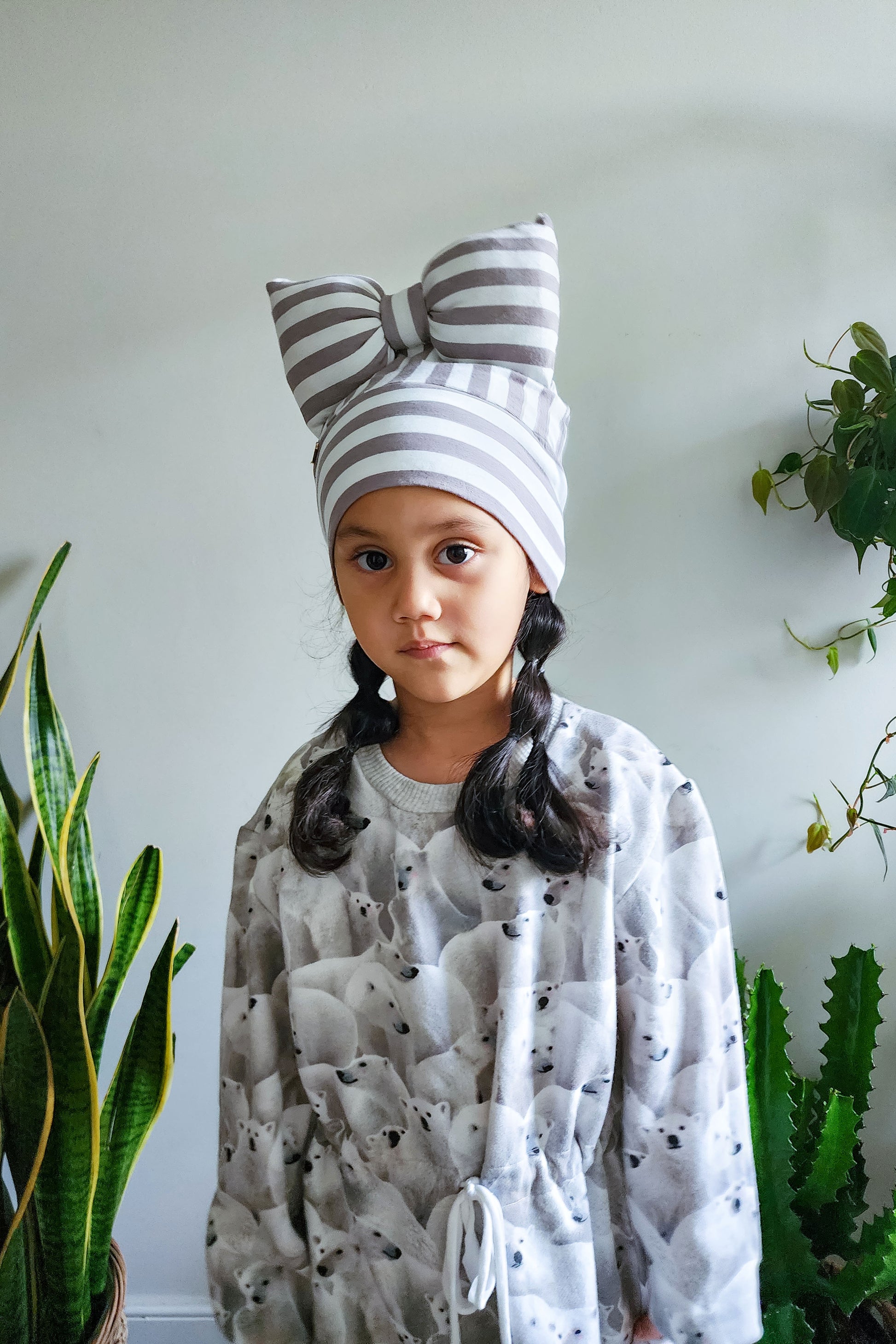 Beanie bow toddler hat stripe get front view in grey and white