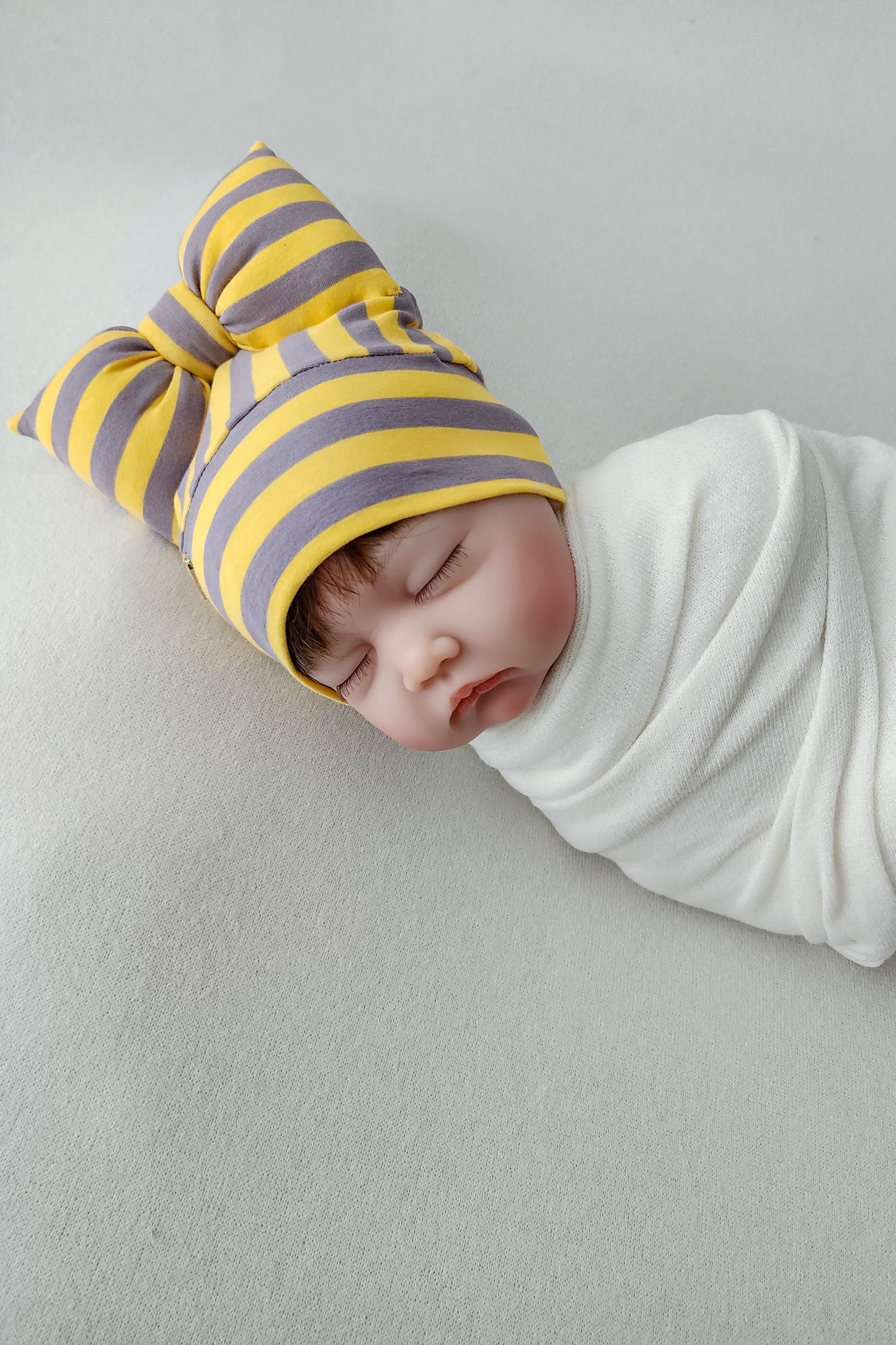 Baby Beanie Bow Yellow Grey Stripe