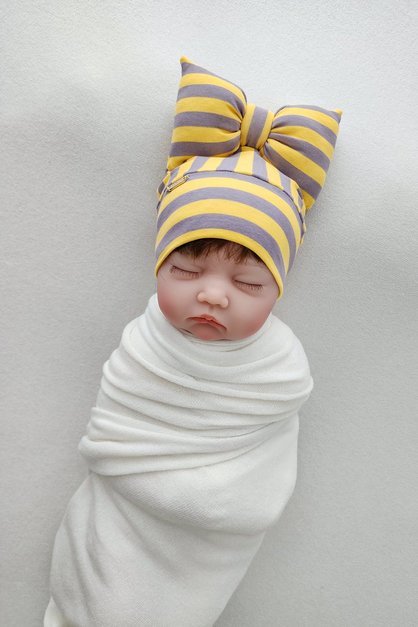 Baby Beanie Bow Yellow Grey Stripe