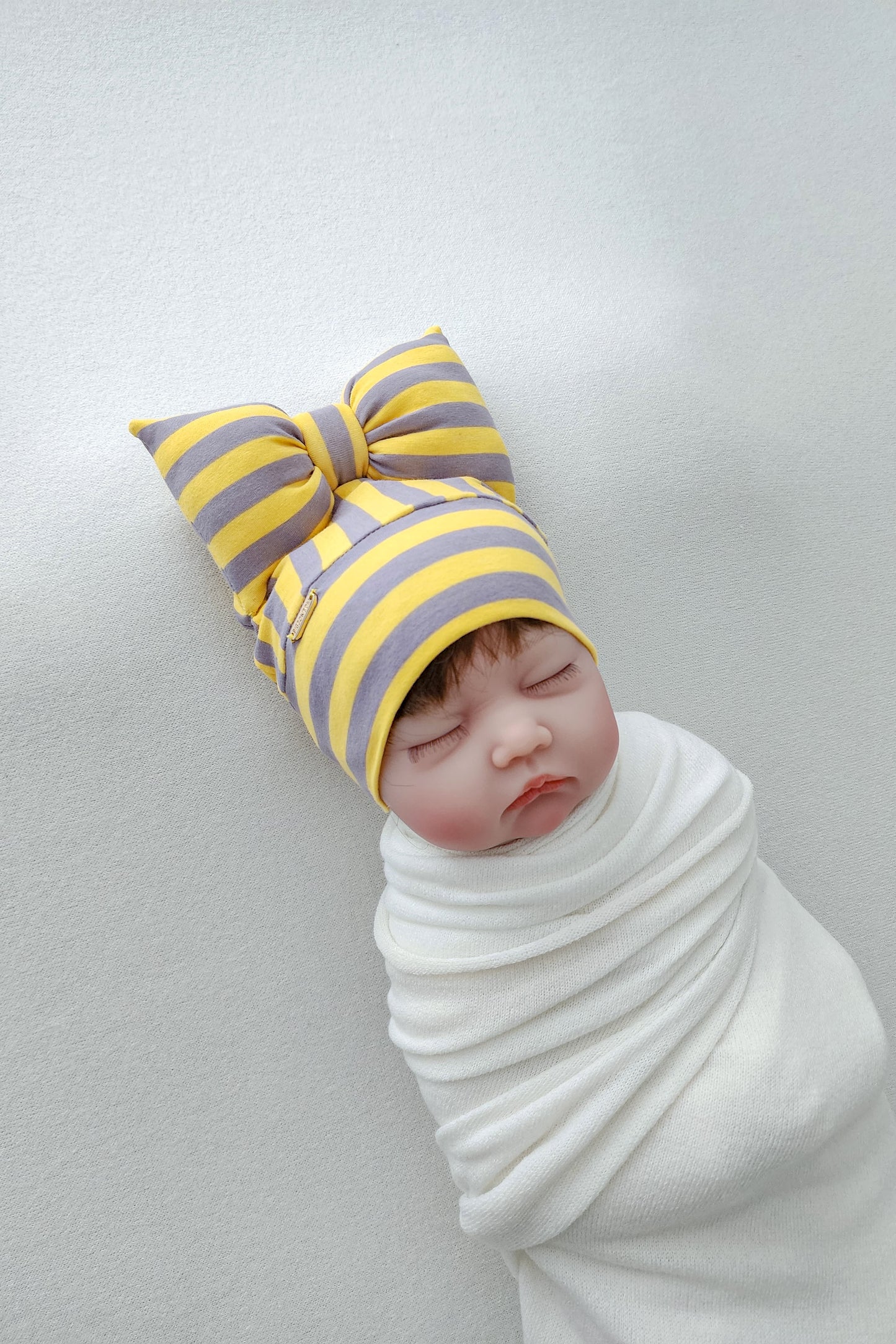 Baby Beanie Bow Yellow Grey Stripe