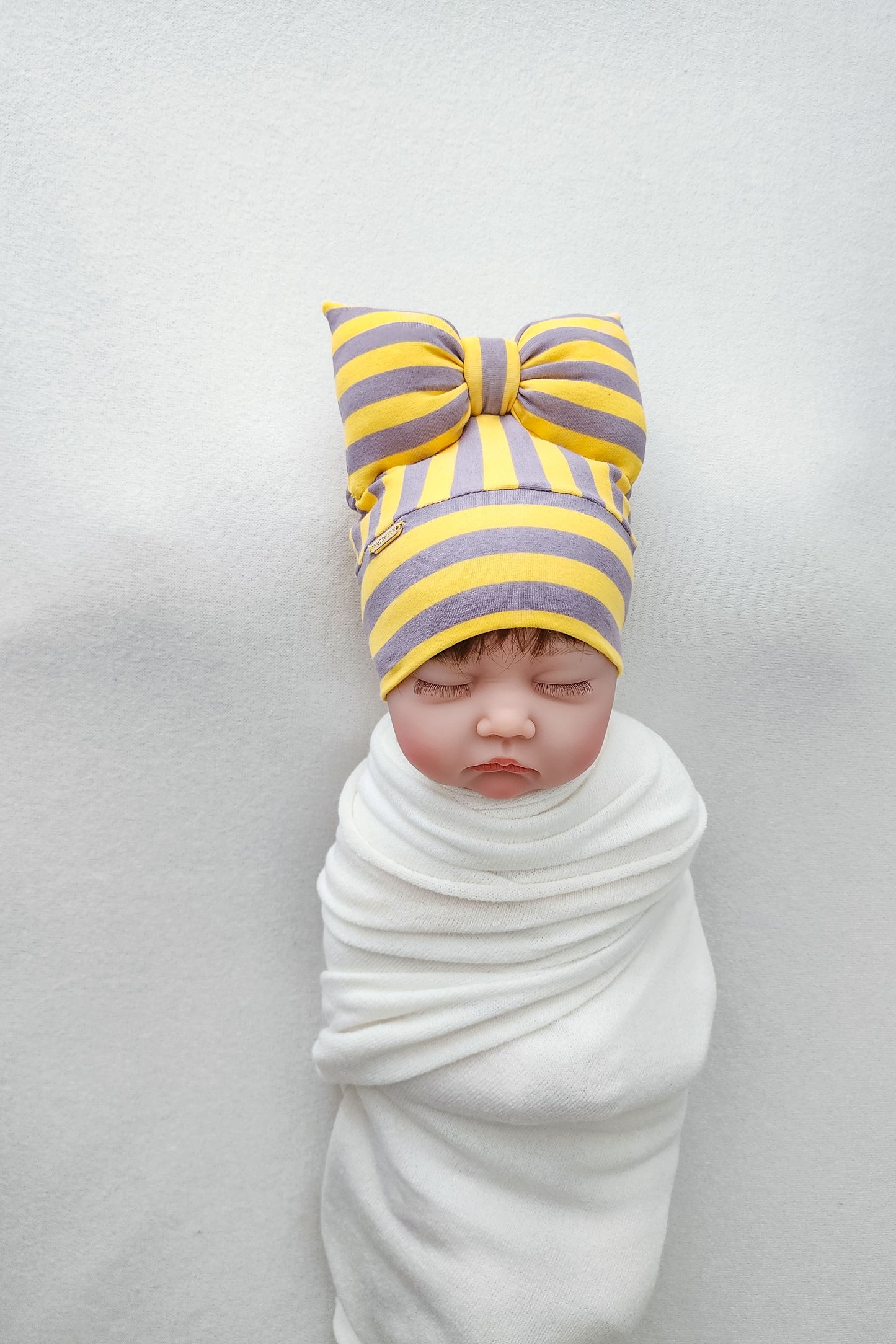 Baby Beanie Bow Yellow Grey Stripe