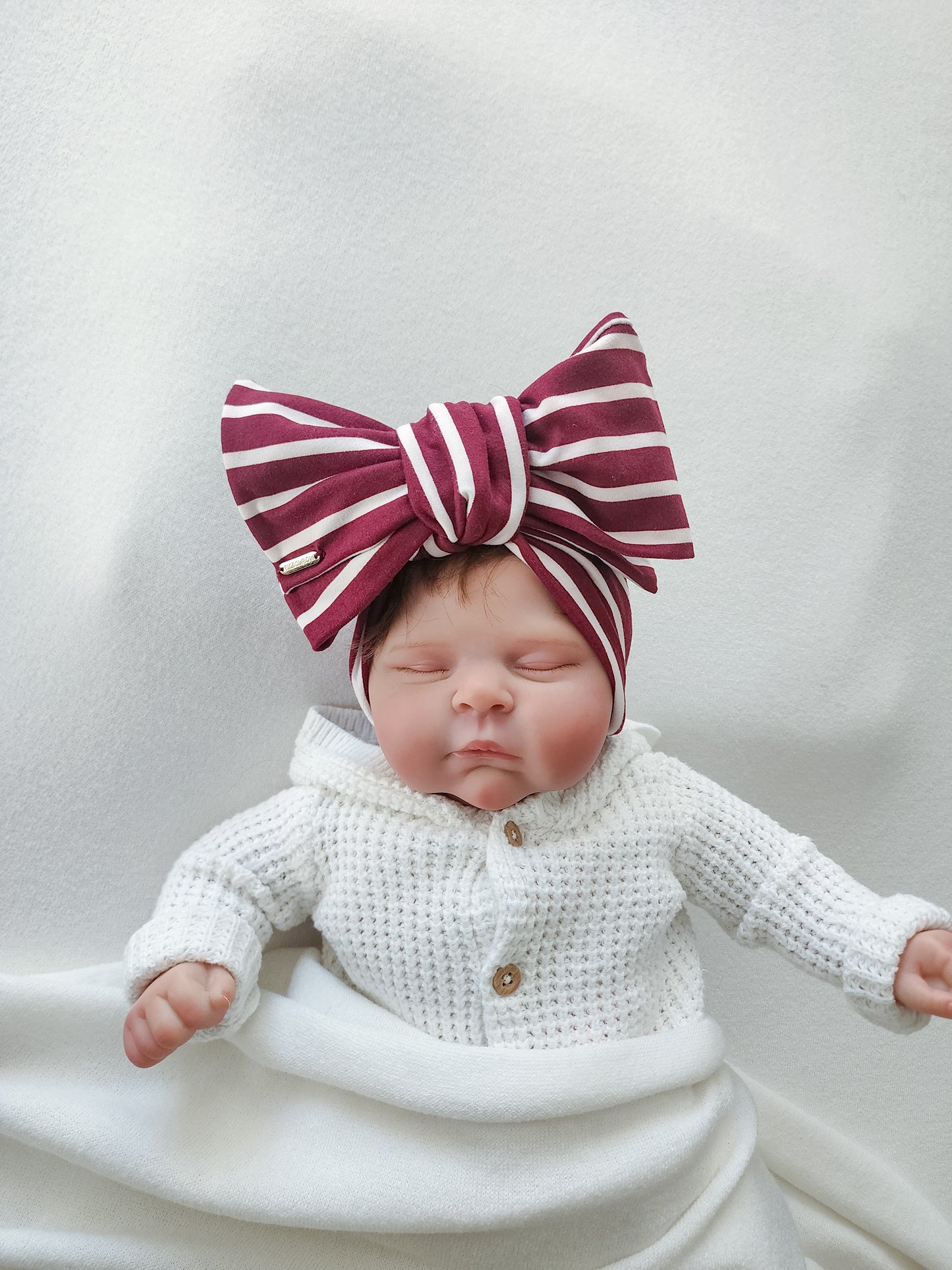 Head wrap headbands bow in stripe white and burgundy front view