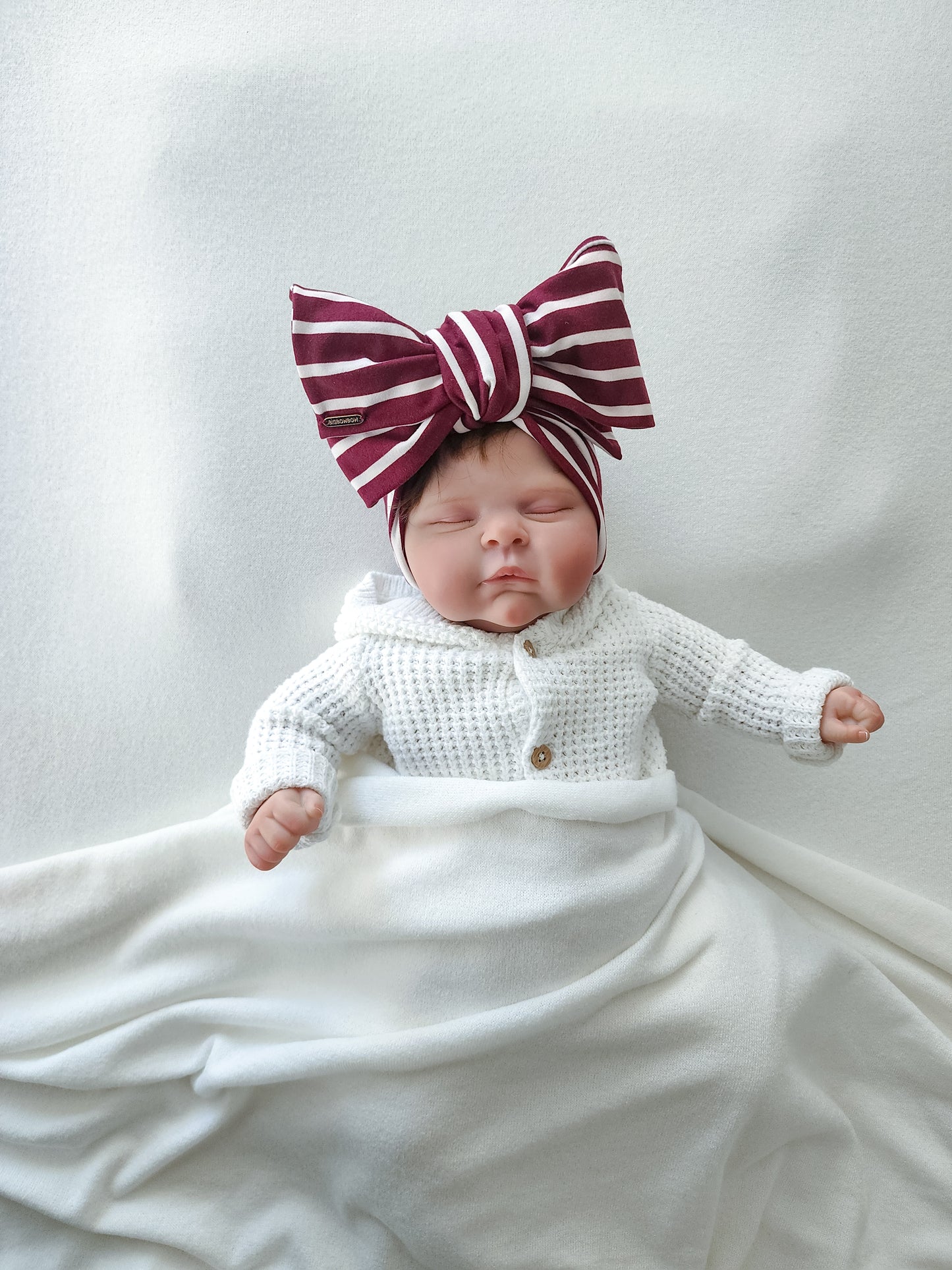 Head wrap headbands bow in stripe white and burgundy front view