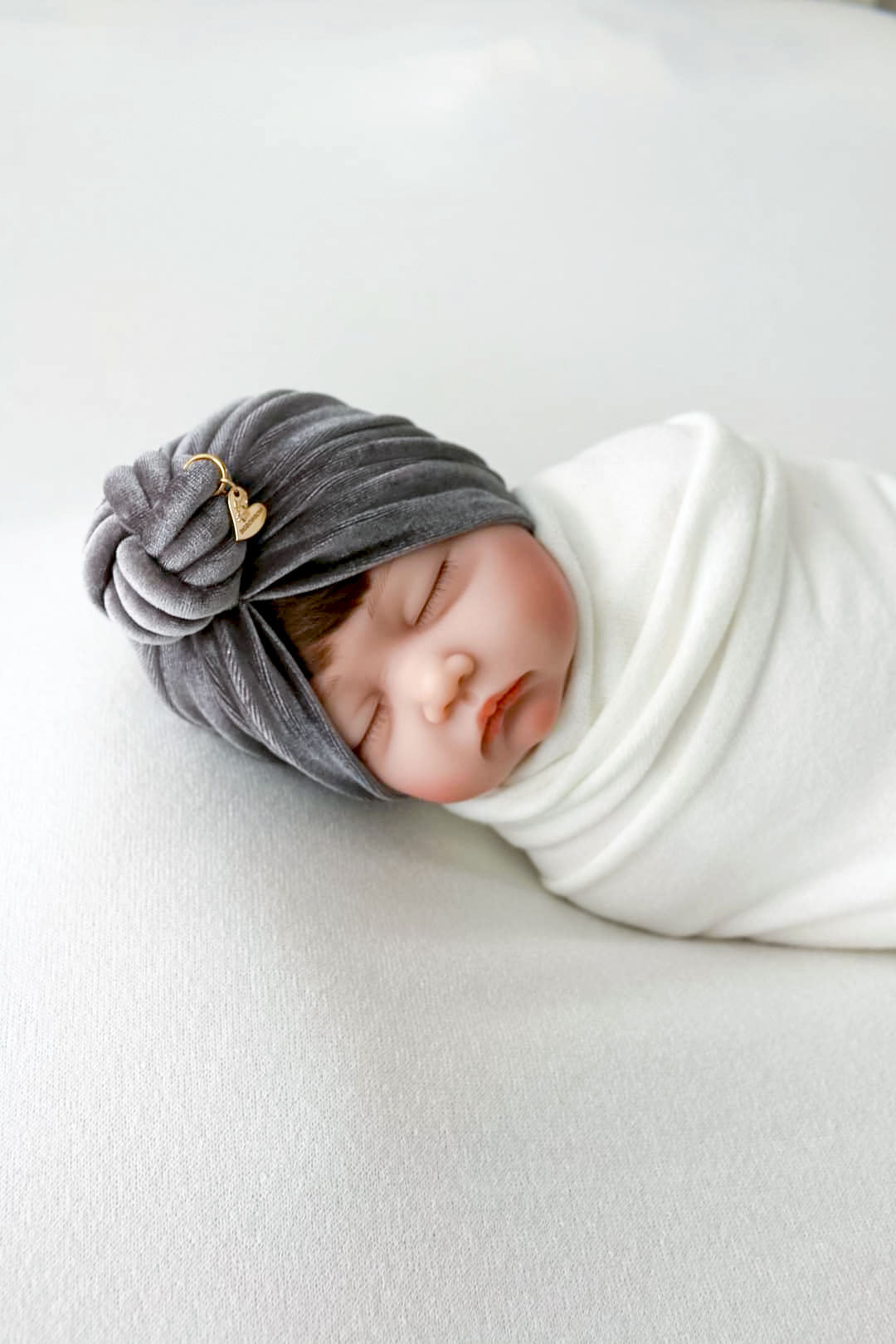 Baby girl velvet turban knot in grey color close-up view