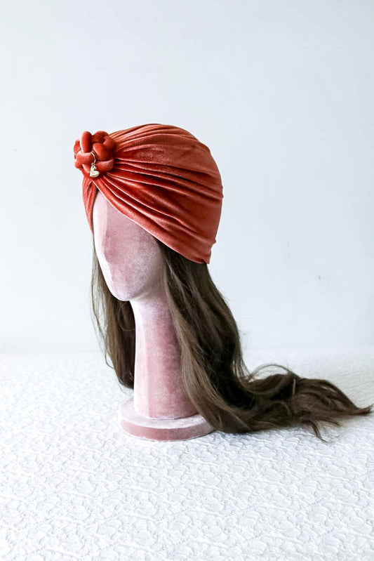 Velvet turban in burnt orange color side view