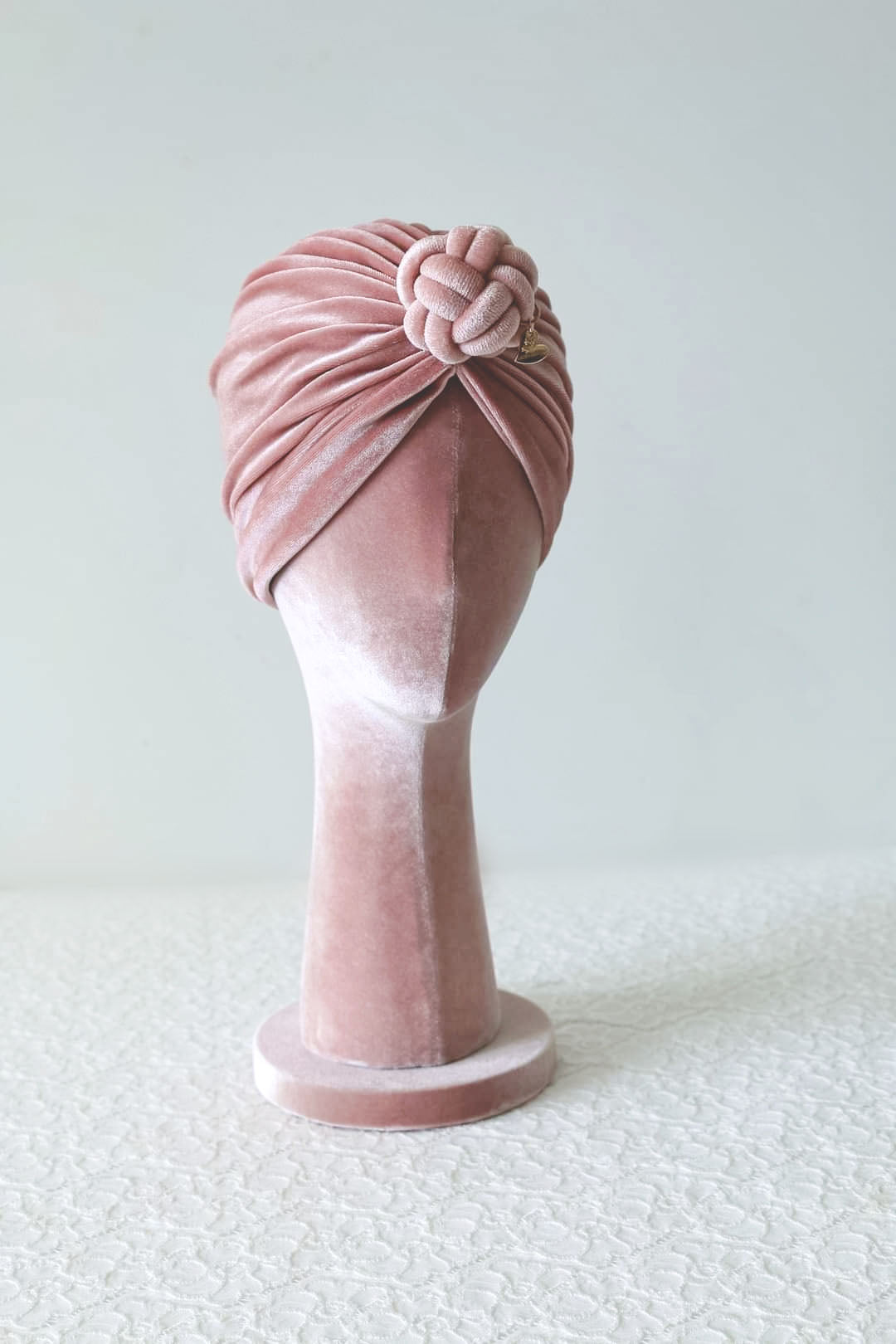 velvet turban knot in details, pink color, turban for women, side view