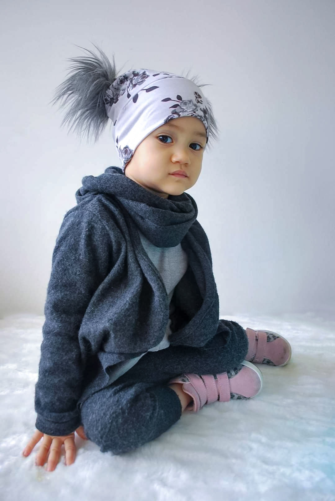 Girl Floral Beanie Pom Pom