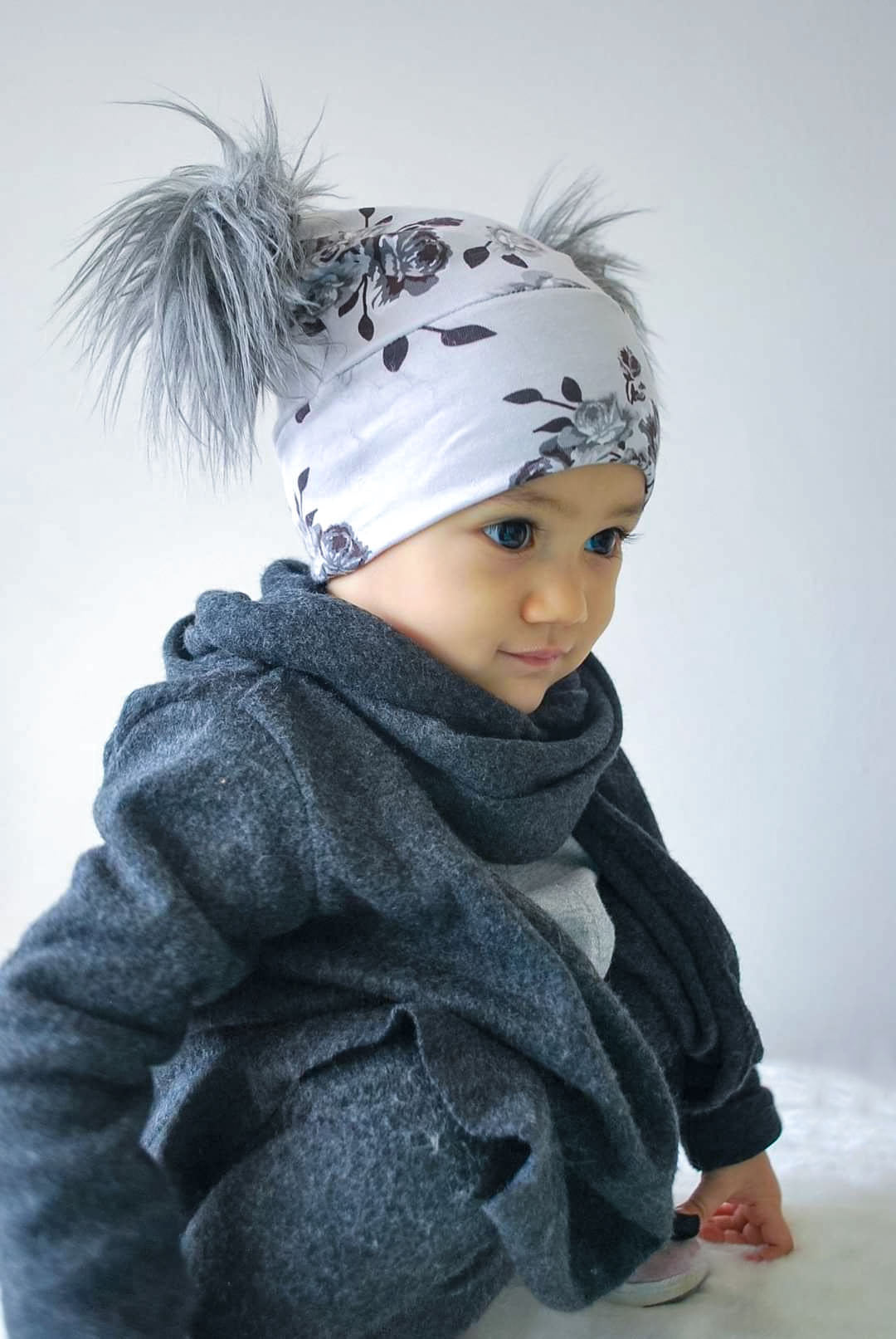 Girl Floral Beanie Pom Pom