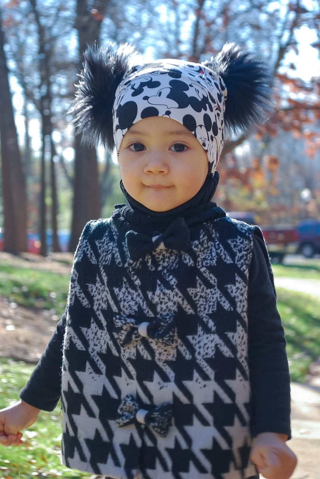 Double pompoms beanie in mickey mouse print details view 