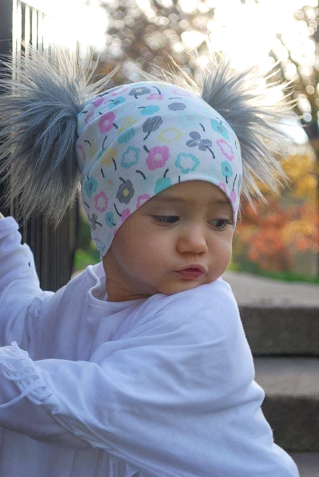 Happy Floral Beanie Pom Pom