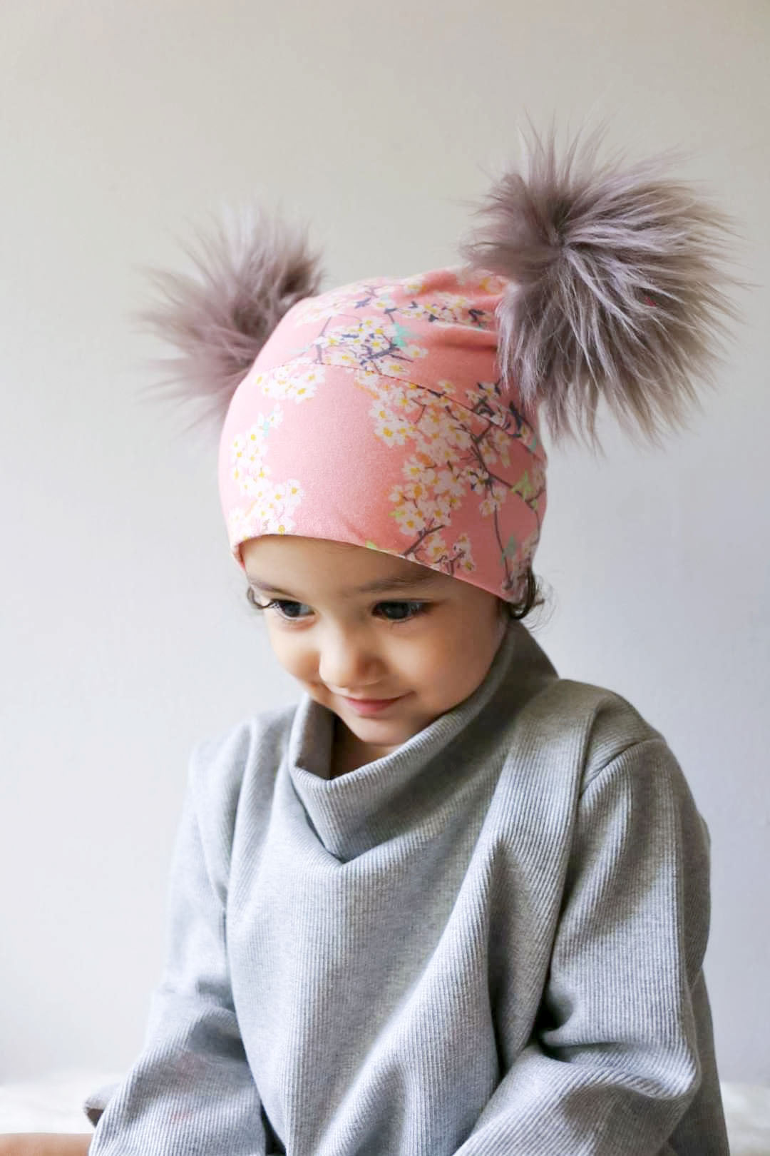 toddler hat double pompoms beanie close up view