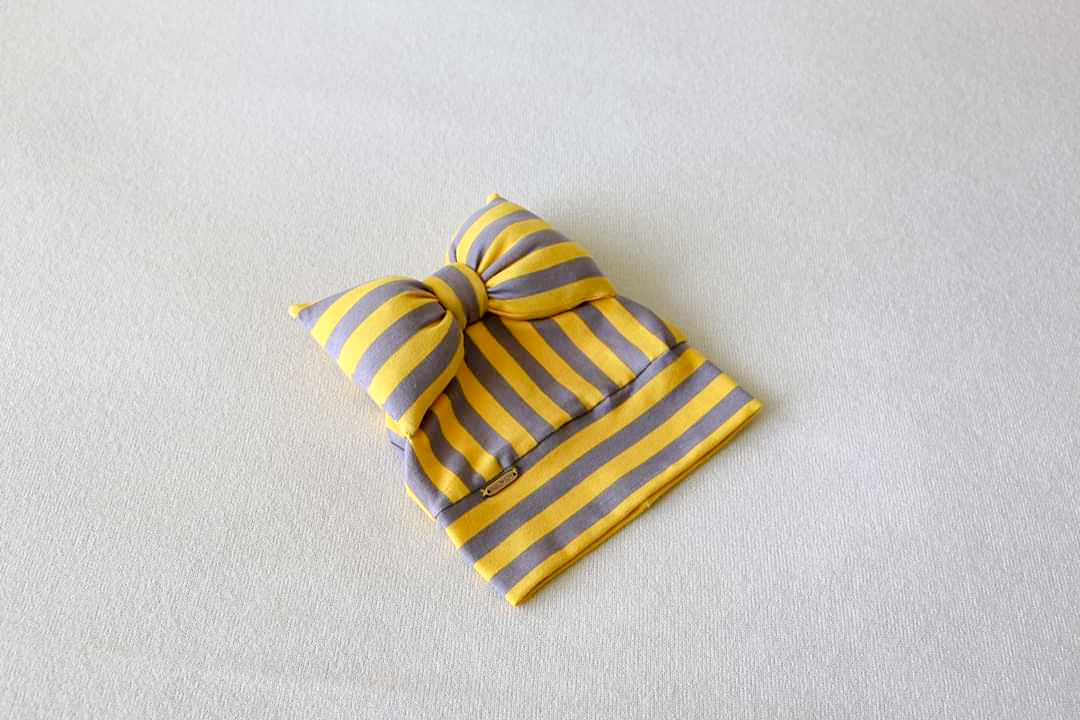 Baby Beanie Bow Yellow Grey Stripe